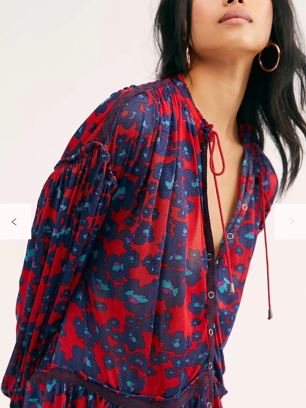 Free People Red Floral Print Button Front Mini Dress Boho Beach Oversize Size XS